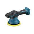 Cordless Car Polisher in blue with dual-action polishing pad on a white background
