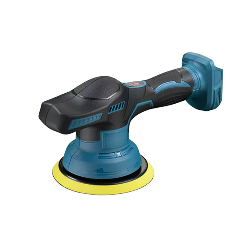 Cordless Car Polisher in blue with dual-action polishing pad on a white background