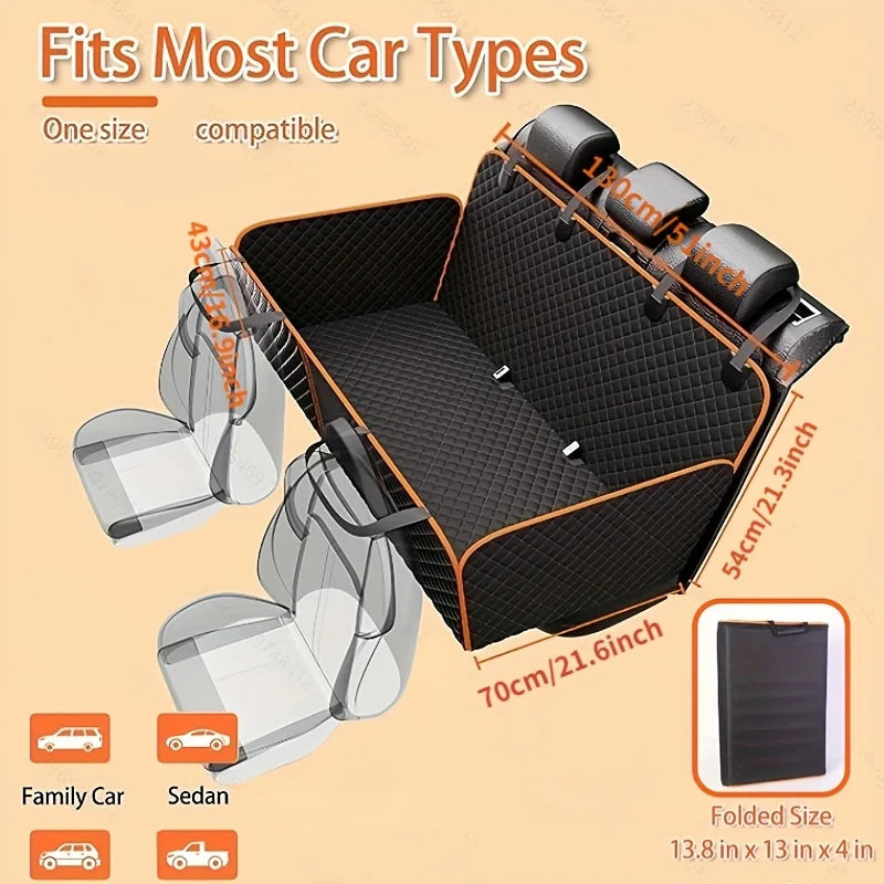 Heavy-Duty Dog Seat Extender size diagram showing 70cm x 54cm platform, one-size fit for family cars and sedans, and folded storage size