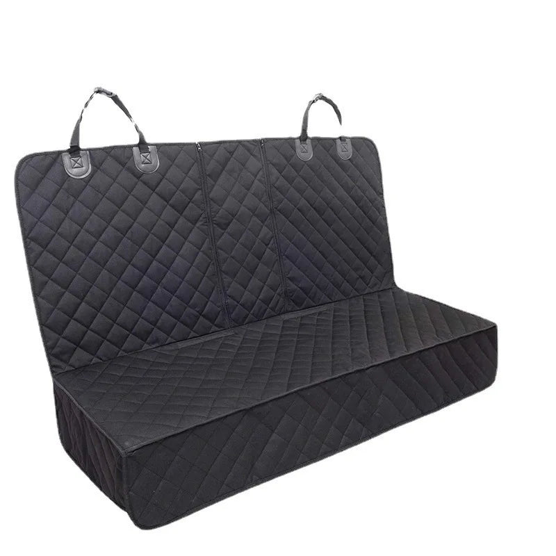 Black quilted rear seat protector with headrest straps on a white background