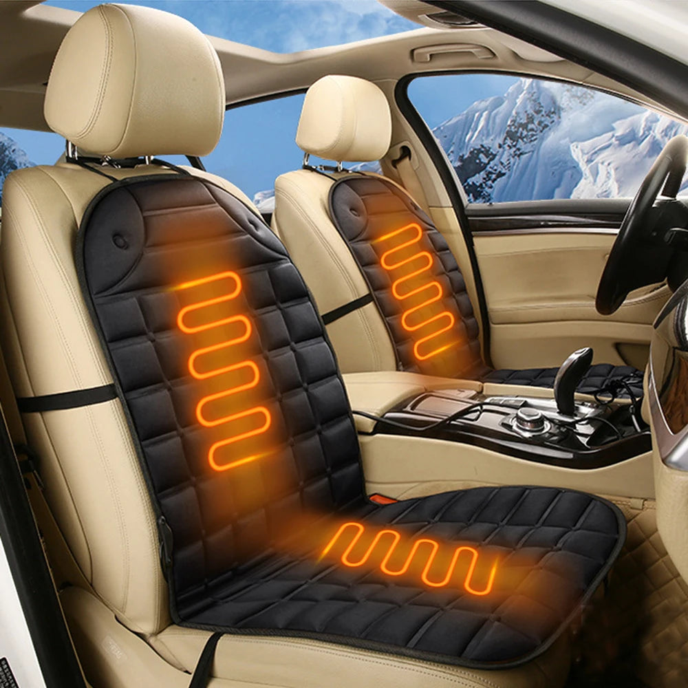12V Heated Car Seat Cushion glowing warm in a snowy mountain scene, showing heat zones across the backrest and seat