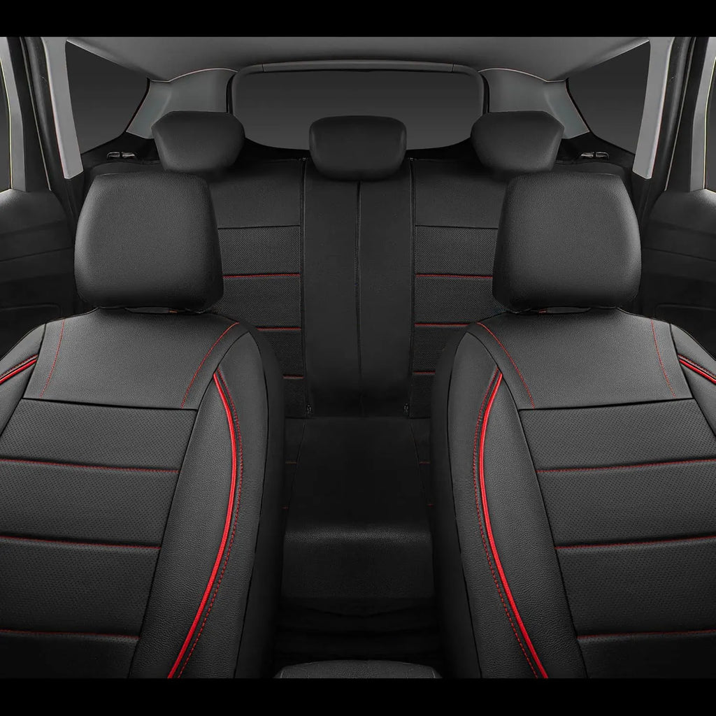 Black Leather Car Seat Covers with red trim fitted to rear bench seat inside car