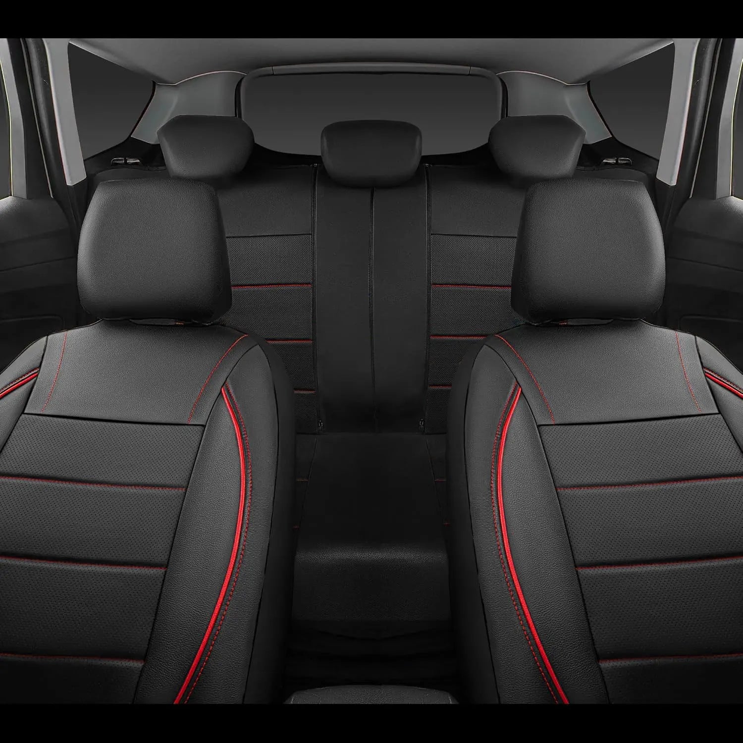 Black Leather Car Seat Covers with red trim fitted to rear bench seat inside car
