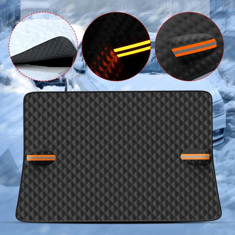 Magnetic Windshield Snow Cover feature diagram showing reflective corner strip, heated edge and side mirror cover