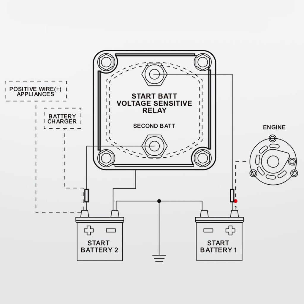 Digital VSR Battery Isolator wiring diagram linking start battery 1, start battery 2, engine and battery charger