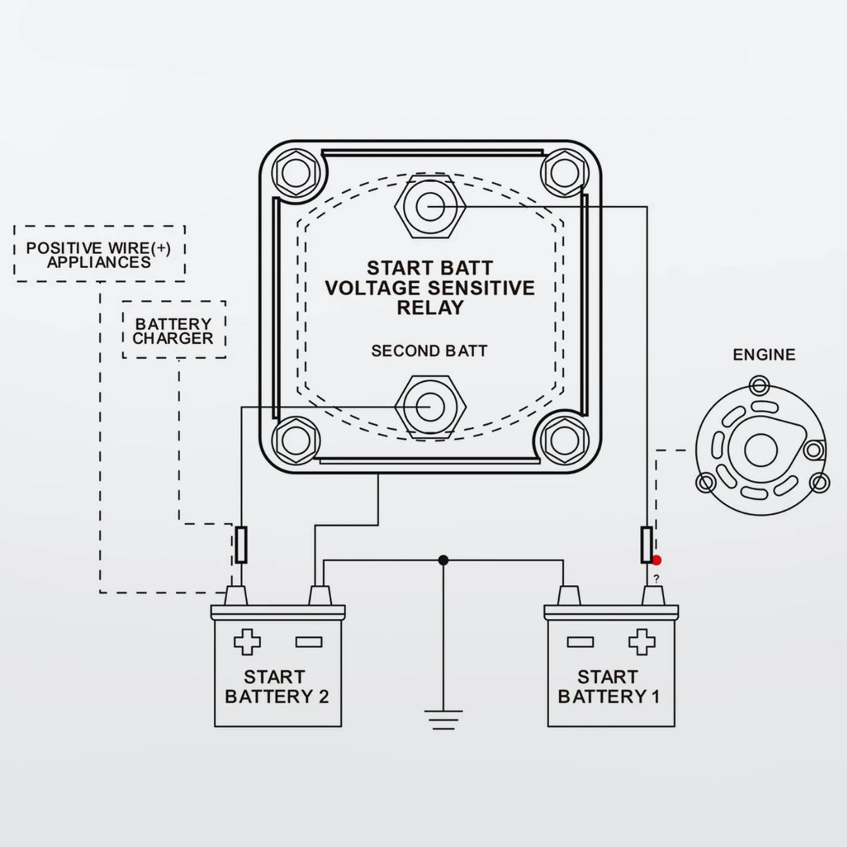Digital VSR Battery Isolator wiring diagram linking start battery 1, start battery 2, engine and battery charger