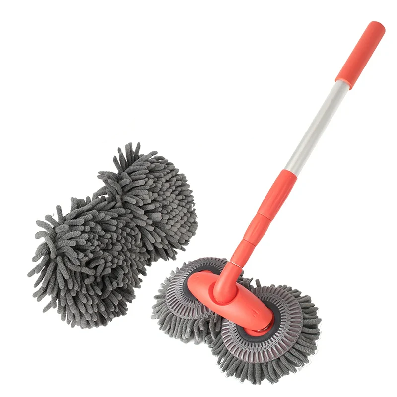 Telescopic Car Wash Mop with orange handle, extendable aluminium pole and two chenille microfiber mop heads on a white background
