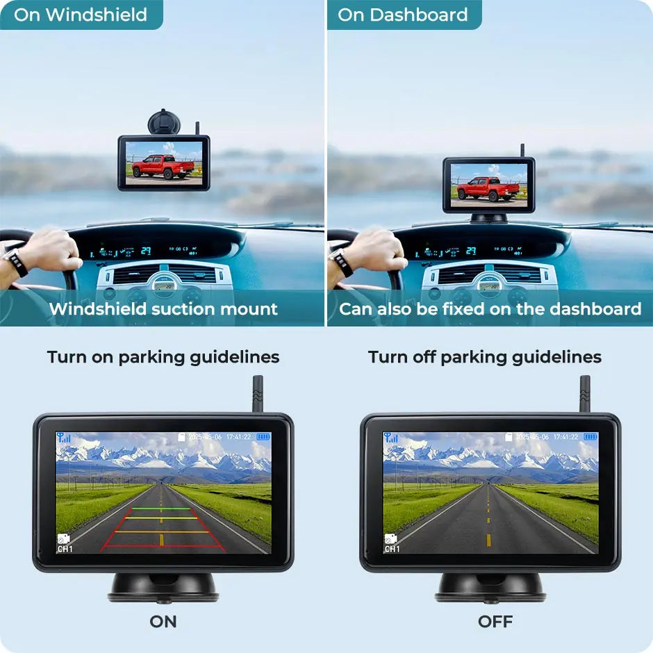 Touchscreen DVR Reversing Camera monitor on windscreen and dashboard mounts with parking guidelines on and off