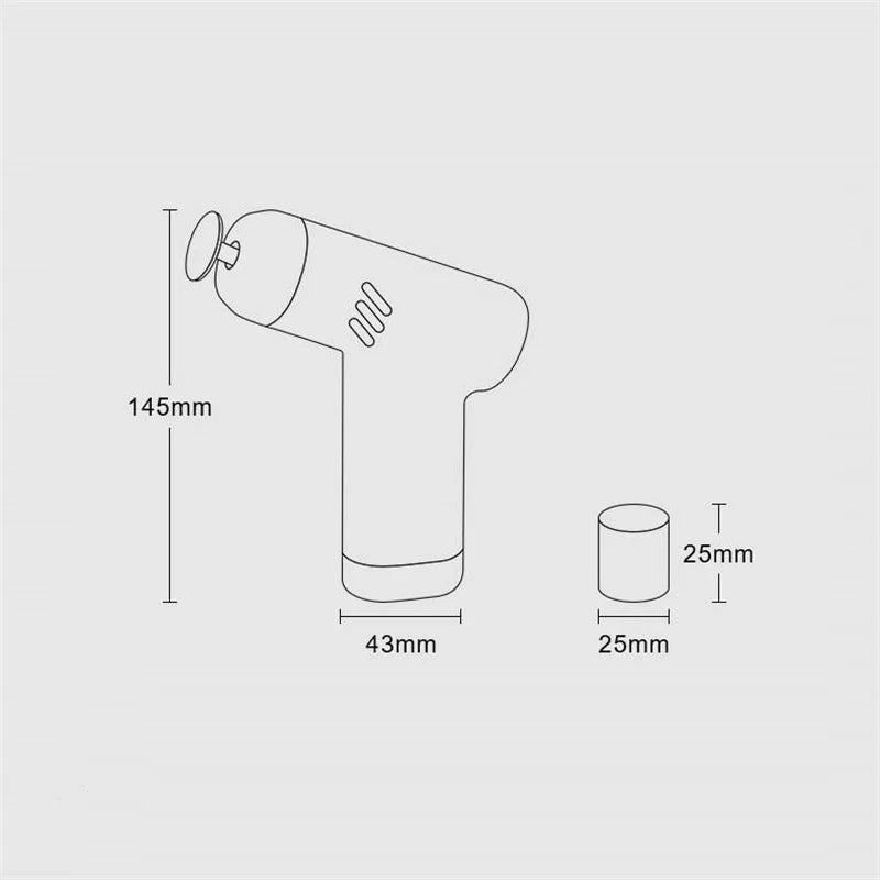 Dimension diagram of the Cordless Mini Polisher showing its 145mm length, 43mm body width and 25mm sponge head size