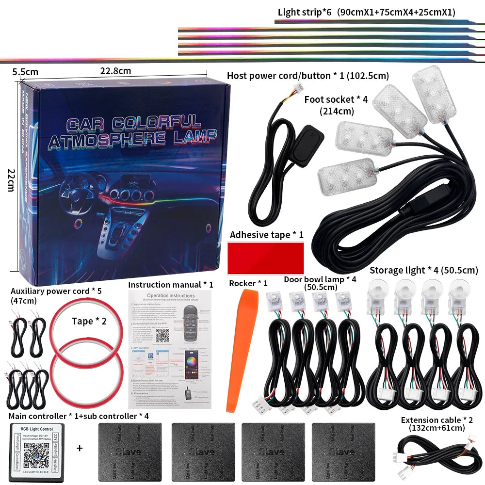 Dual-Zone Ambient Light Kit box and contents with measured light strips, controllers, lamps, cables and trim tool