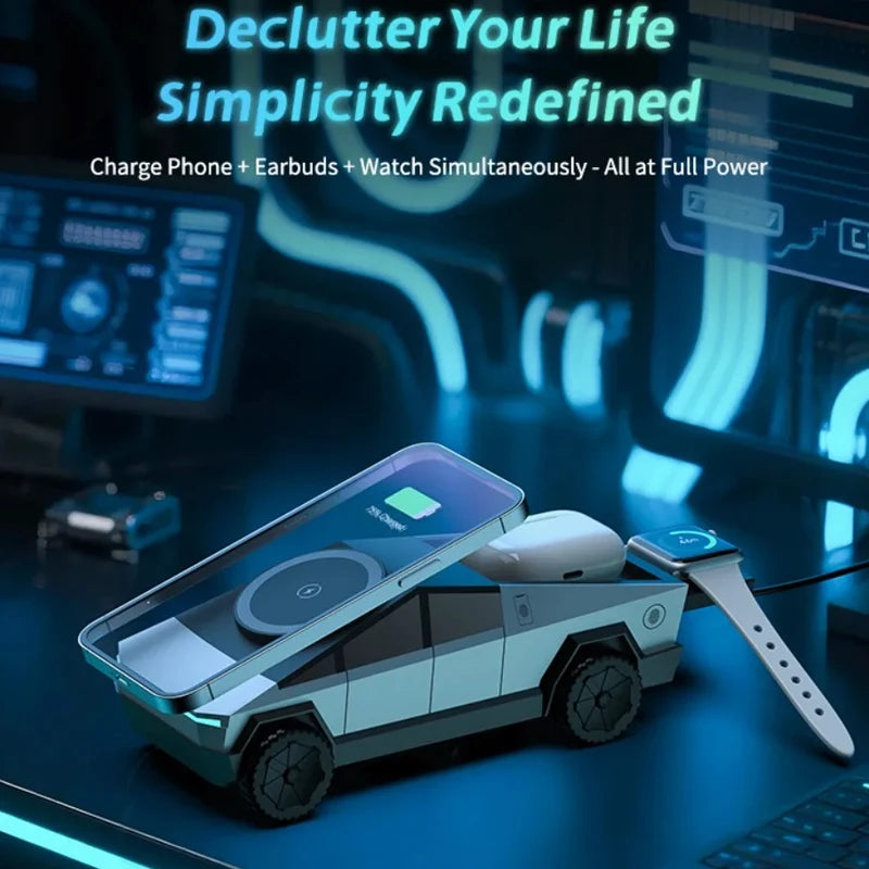 Magnetic Wireless Car Charger lifestyle scene showing a phone, earbuds and smartwatch charging together on a desk