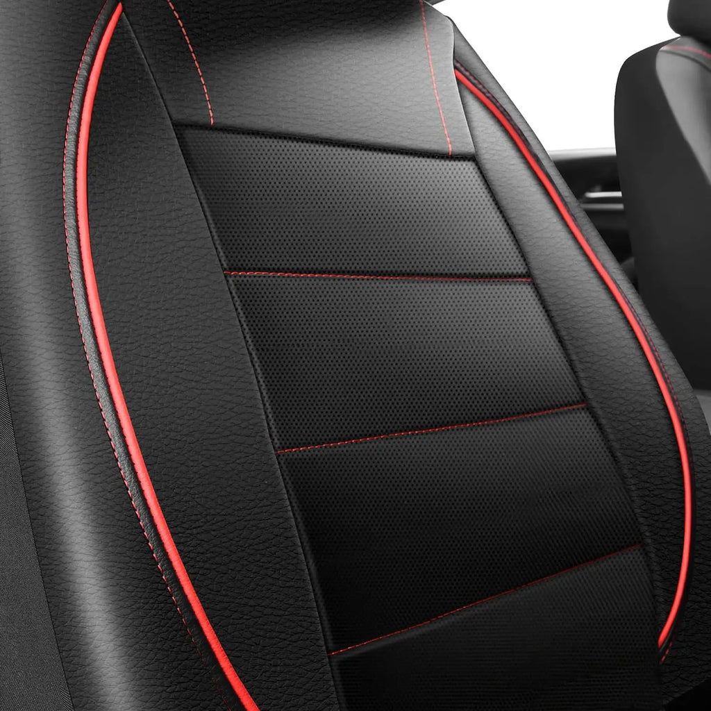 Close up of Leather Car Seat Covers perforated breathable leather texture with red stitching