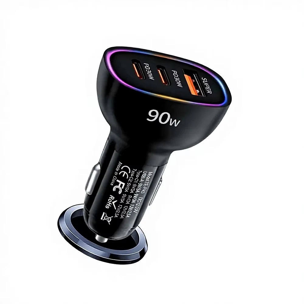 90W Triple-Port Car Charger in black with two USB-C PD 30W ports, one USB-A port and RGB light ring on white background