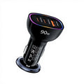 90W Triple-Port Car Charger in black with two USB-C PD 30W ports, one USB-A port and RGB light ring on white background