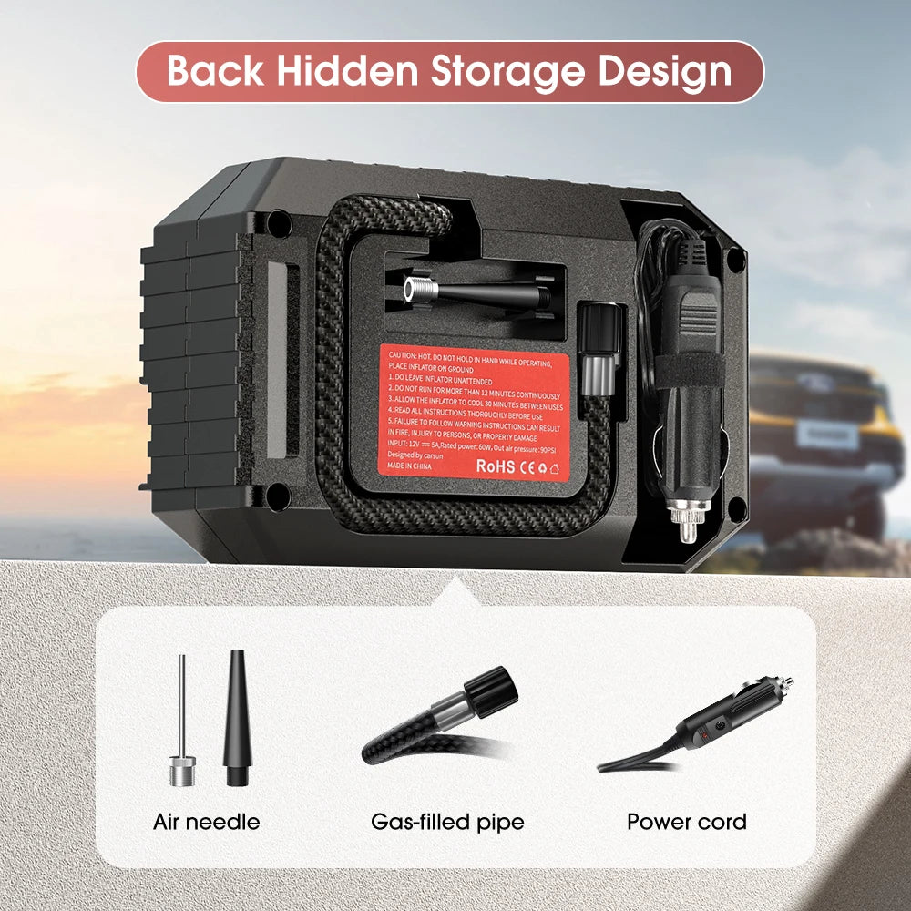 Rear view of the Mini Tyre Inflator highlighting the hidden storage compartment with air needle, gas-filled pipe and power cord accessories.