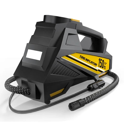 Corded Tyre Inflator Pump in yellow and black with coiled hose and 12V cigarette lighter plug on a white background