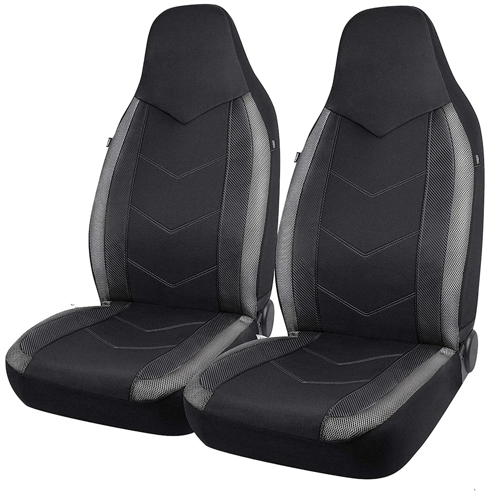 Black and grey Sport Mesh Front Pair Car Seat Covers on a white background