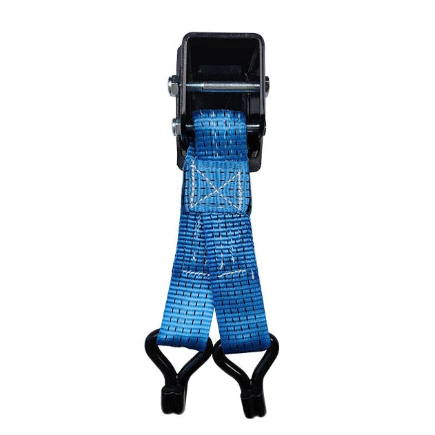 Blue webbing wheel-lifting strap with black mounting bracket and dual hooks for a scissor jack