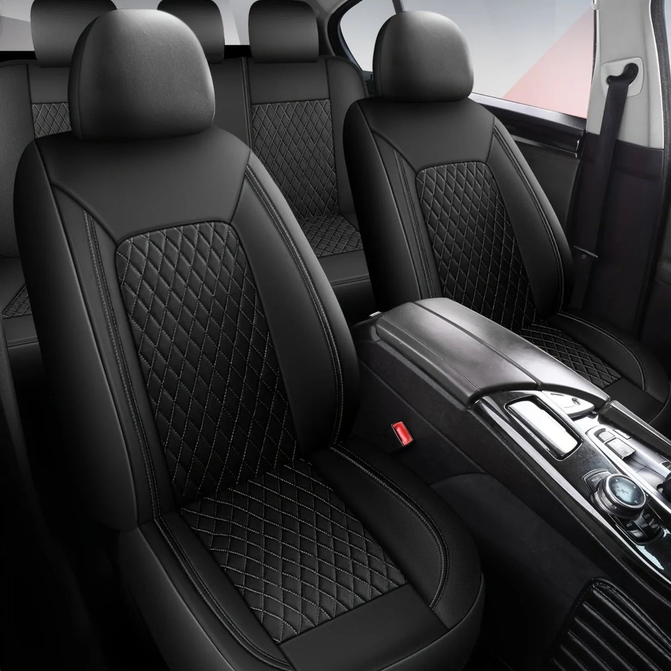 Quilted leather car seat covers installed in vehicle front seats