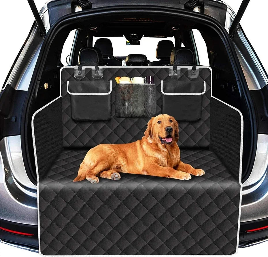 Golden Retriever lying on the Waterproof Dog Car Boot Liner in an SUV boot with treats stored in the mesh pocket