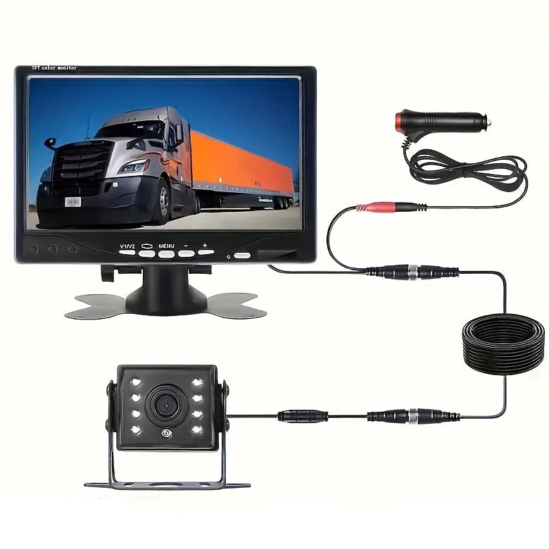 Heavy-Duty Reversing Camera Kit wiring diagram connecting 7 inch monitor, 12V power plug, cable and LED camera