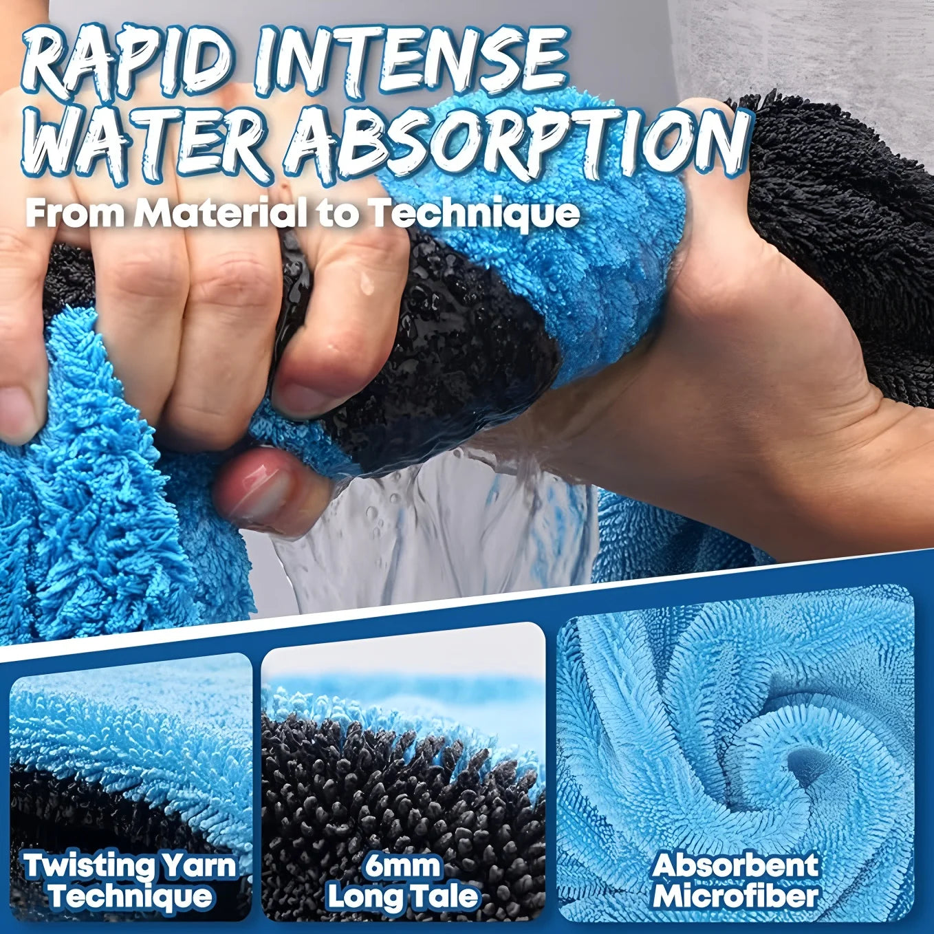 Two hands wringing water from a blue and black double-layer Microfiber Car Drying Towel, with close-up insets of the twisted-yarn microfibre pile.