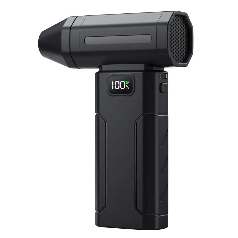 Cordless Turbo Air Duster shown on a white background with digital battery display reading 100 percent