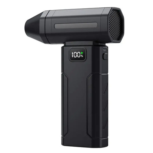 Cordless Turbo Air Duster shown on a white background with digital battery display reading 100 percent