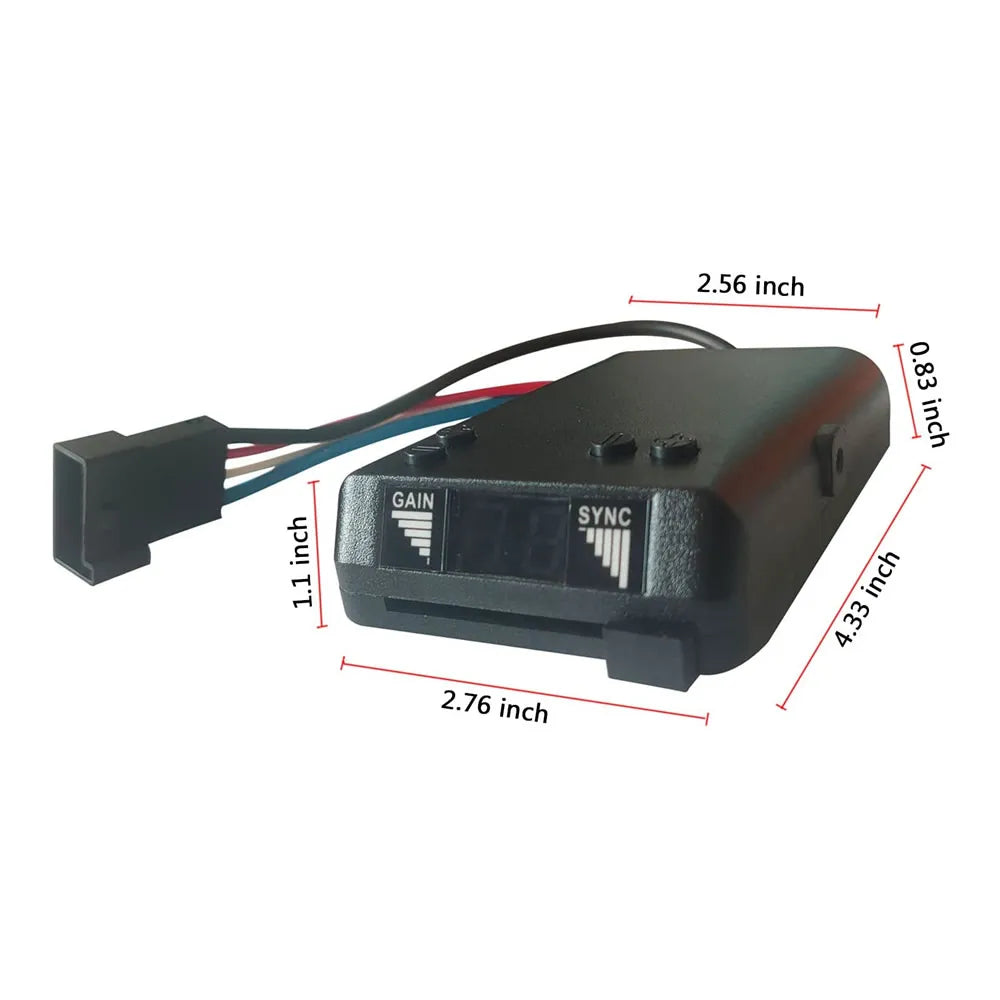 Digital Trailer Brake Controller shown with labelled dimensions of 2.76 by 4.33 by 0.83 inches and wiring harness connector