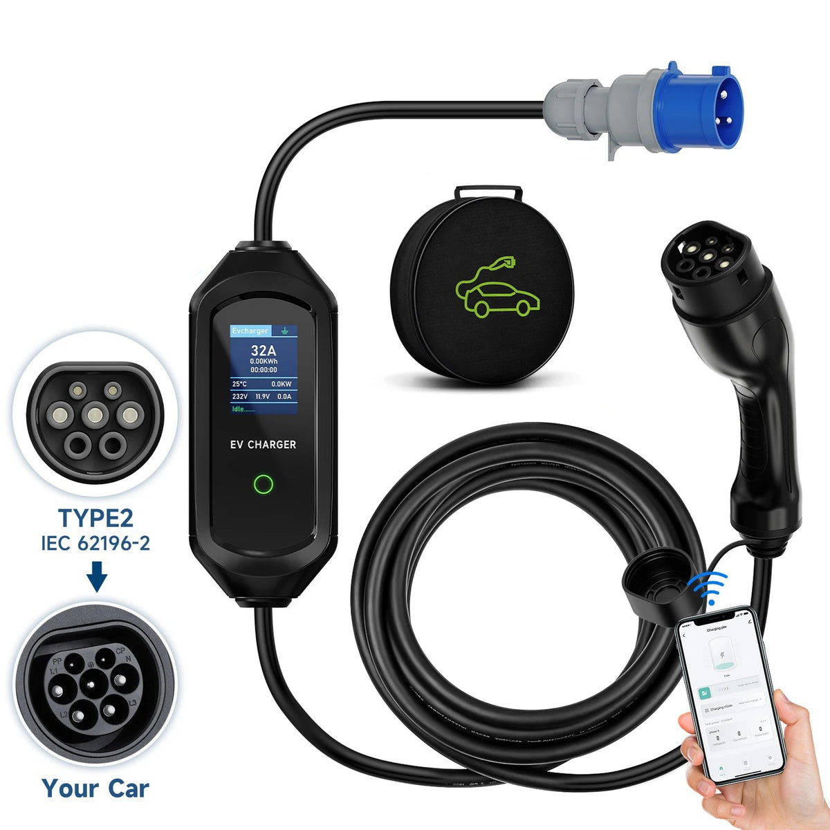 Portable EV charger with Type2 adapter, carry bag and coiled charging cable ending in a Type2 vehicle connector