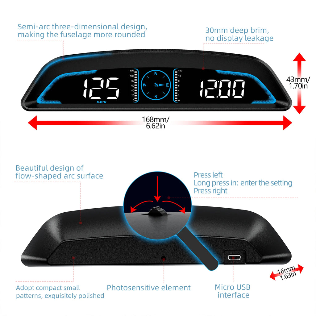 GPS Head-Up Display G3 dimension and feature diagram showing 168mm width, 43mm height, control button and Micro USB interface details