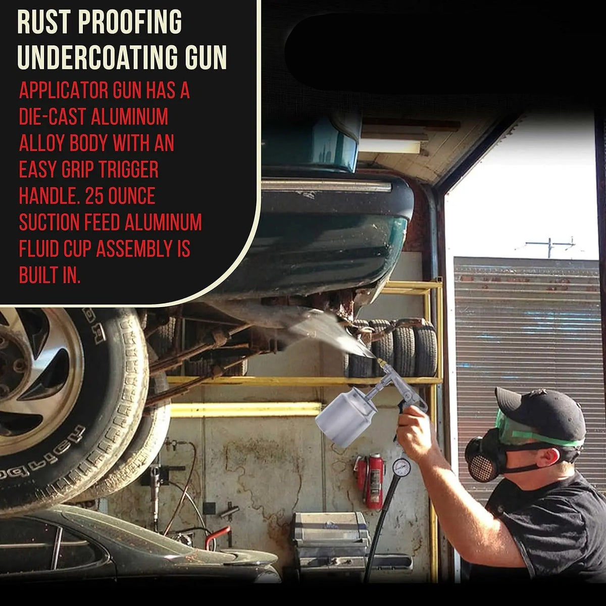 Mechanic using the Cavity Wax Spray Gun to apply rust-proofing undercoating beneath a raised vehicle in a workshop