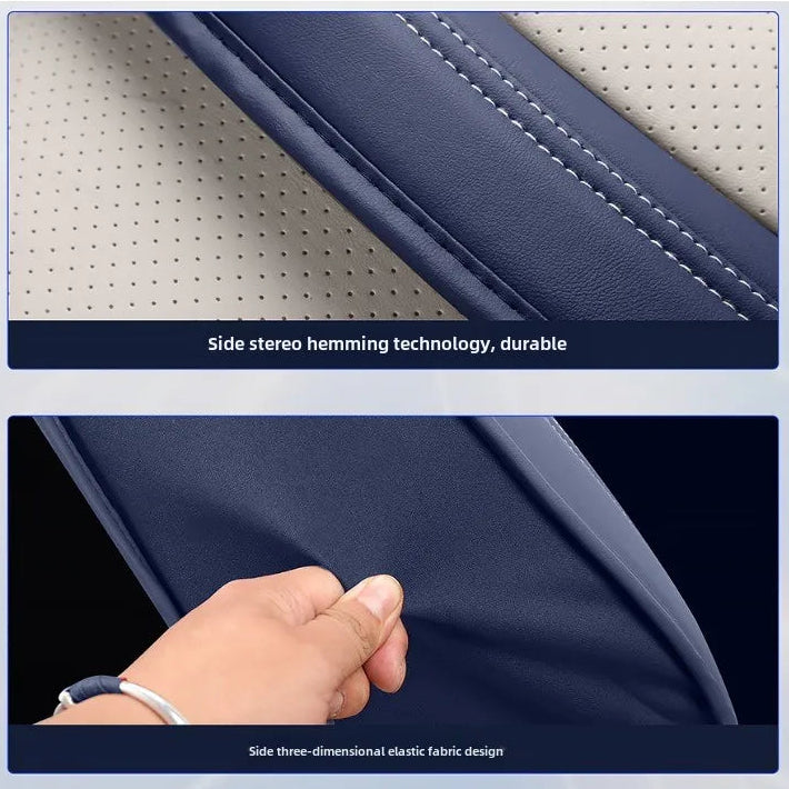 Two-panel feature image of Universal Leather Seat Cover showing side stereo hemming stitching detail and side three-dimensional elastic fabric being stretched by hand