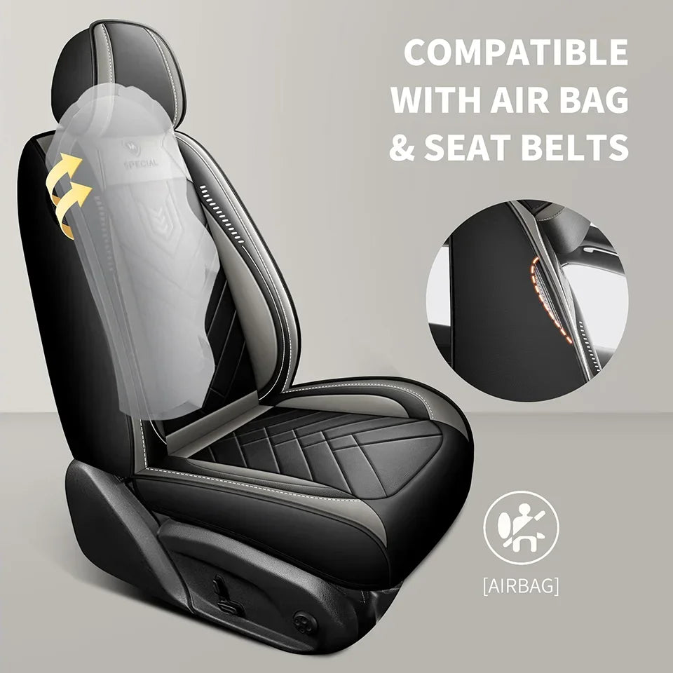Leather-Look Seat Cover headrest close-up showing compatibility with airbags and seat belts