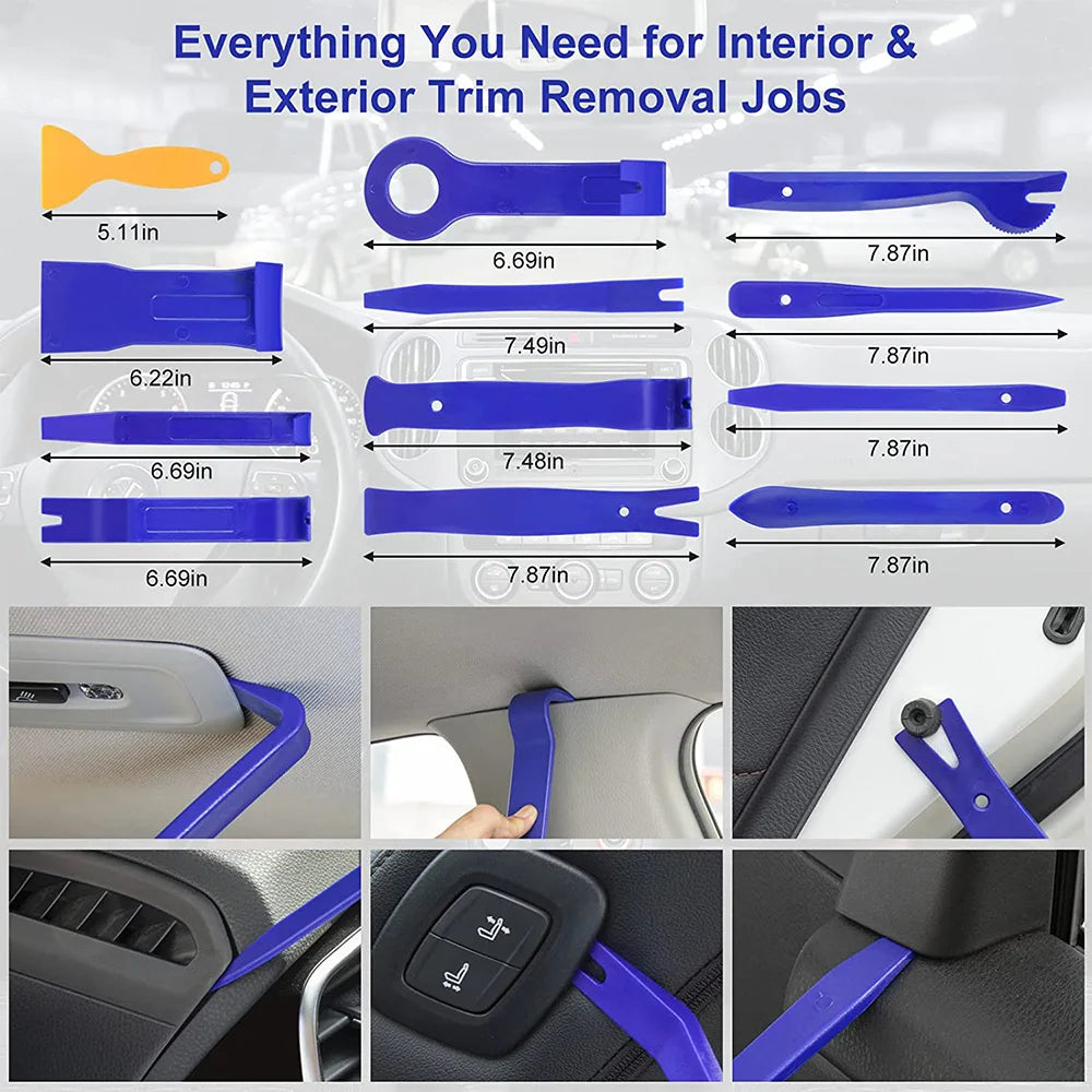 Interior trim removal tool set with labelled tool lengths above six photos of the panel clip pry bars being used on a car dashboard, door card, headliner and seat controls.