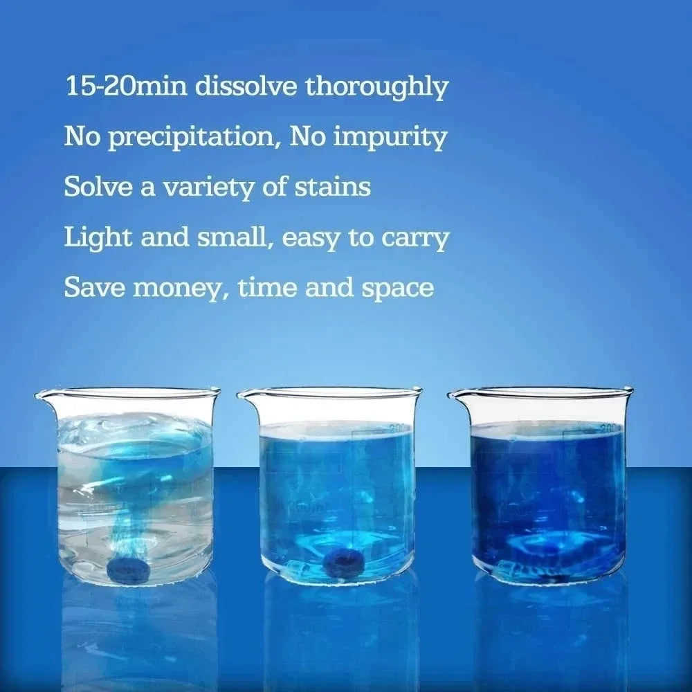 Three glass beakers showing a Windscreen Washer Fluid Tablet progressively dissolving into blue washer fluid concentrate