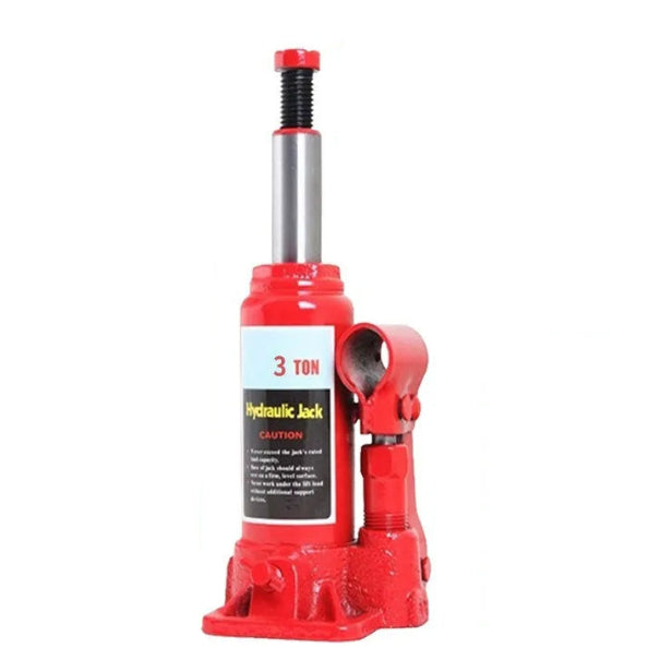 Red 3 Tonne Hydraulic Bottle Jack with screw top extension on a white background