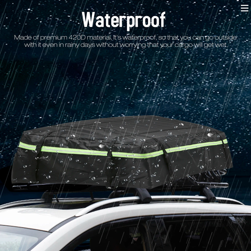 Black waterproof roof cargo bag secured to a car roof rack in the rain, rated to withstand wind pressure, snow loads and extreme temperatures