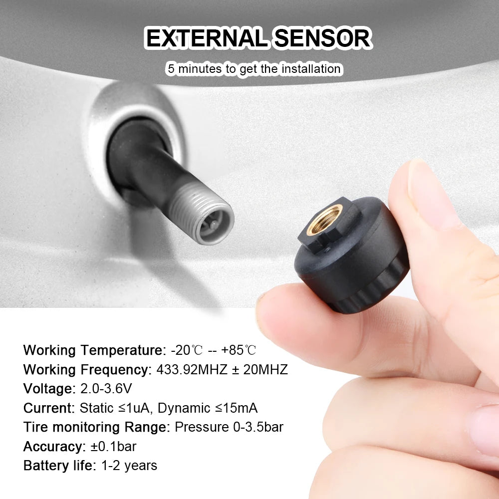 Solar Tyre Pressure Monitoring System external sensor specification chart showing temperature range, frequency, voltage and battery life
