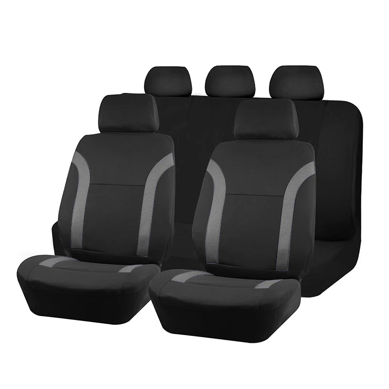 Black and grey trim Breathable Mesh Seat Cover shown as complete front and rear bench seat cover set on white background
