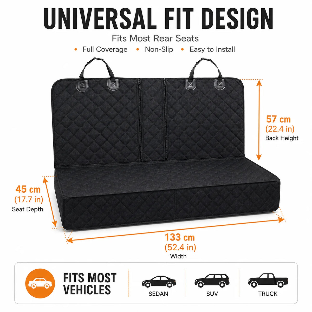 Quilted rear seat protector dimensions of 133 cm width, 57 cm back height and 45 cm seat depth