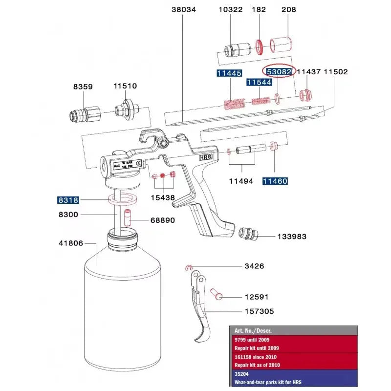 Exploded technical diagram of the Cavity Wax Spray Gun showing individual parts and repair kit components