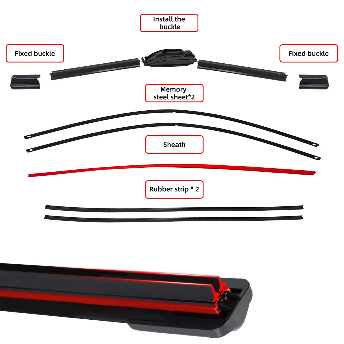 Universal Beam Windscreen Wiper Blade exploded parts diagram showing fixed buckle, memory steel sheet, sheath and rubber strip