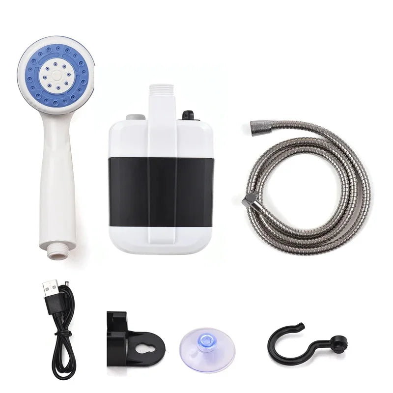 Rechargeable Camp Shower Kit contents: shower head, pump, stainless steel hose, USB charging cable, mounting bracket, suction cup and hook