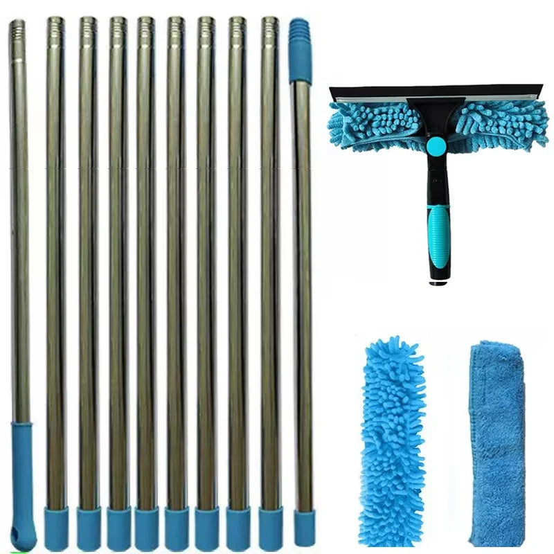 Telescopic window squeegee with extension poles, microfibre chenille head and replacement cloths laid out in blue