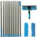 Telescopic window squeegee with extension poles, microfibre chenille head and replacement cloths laid out in blue
