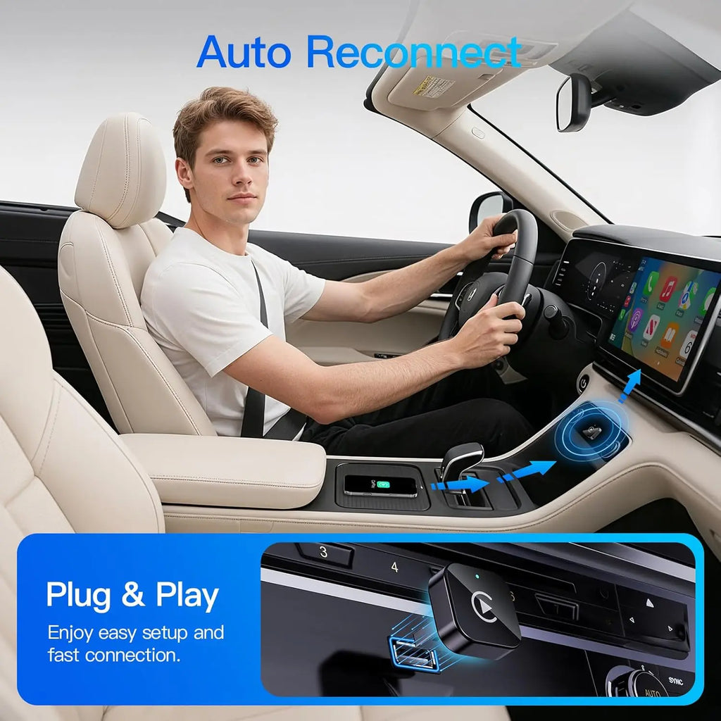 Man driving a car with a wireless CarPlay adapter plugged into the centre console, automatically reconnecting to display CarPlay apps on the dashboard screen.