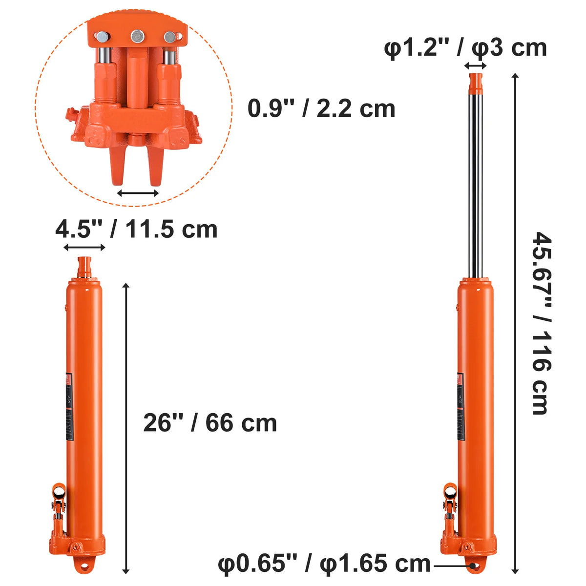 Hydraulic Long Ram Jack dimension diagram showing 66 cm retracted length and 116 cm extended length