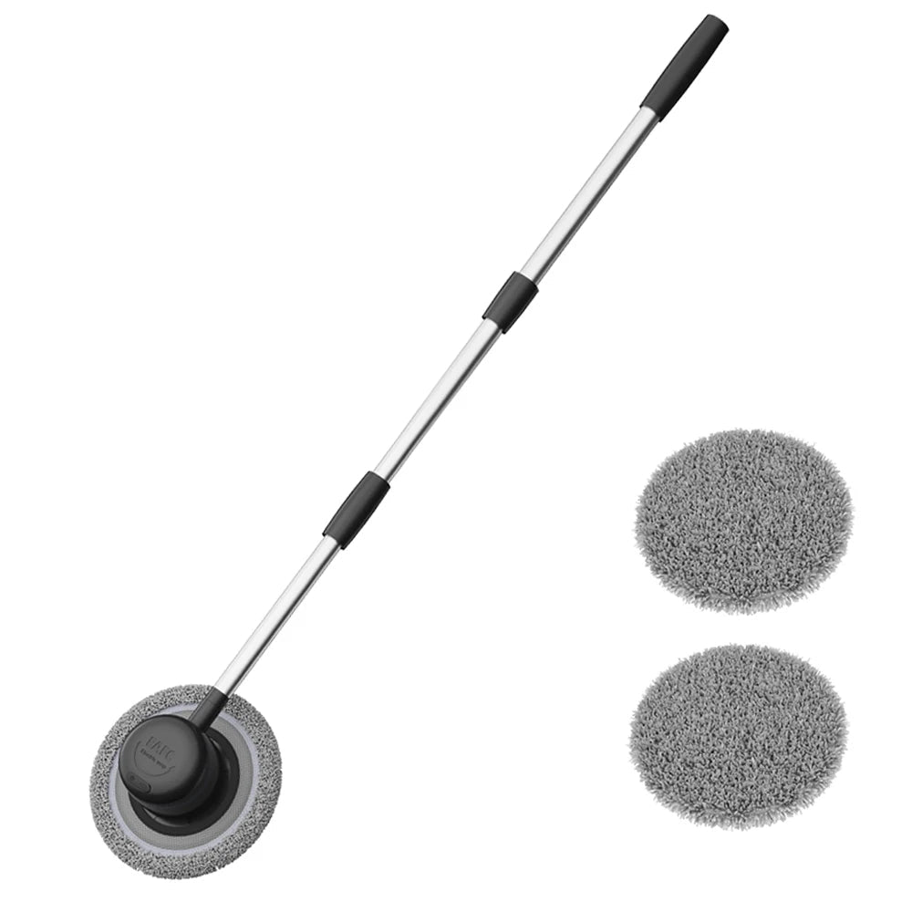 Electric Rotating Wash Mop with extendable handle and round microfibre head shown alongside two spare replacement mop heads