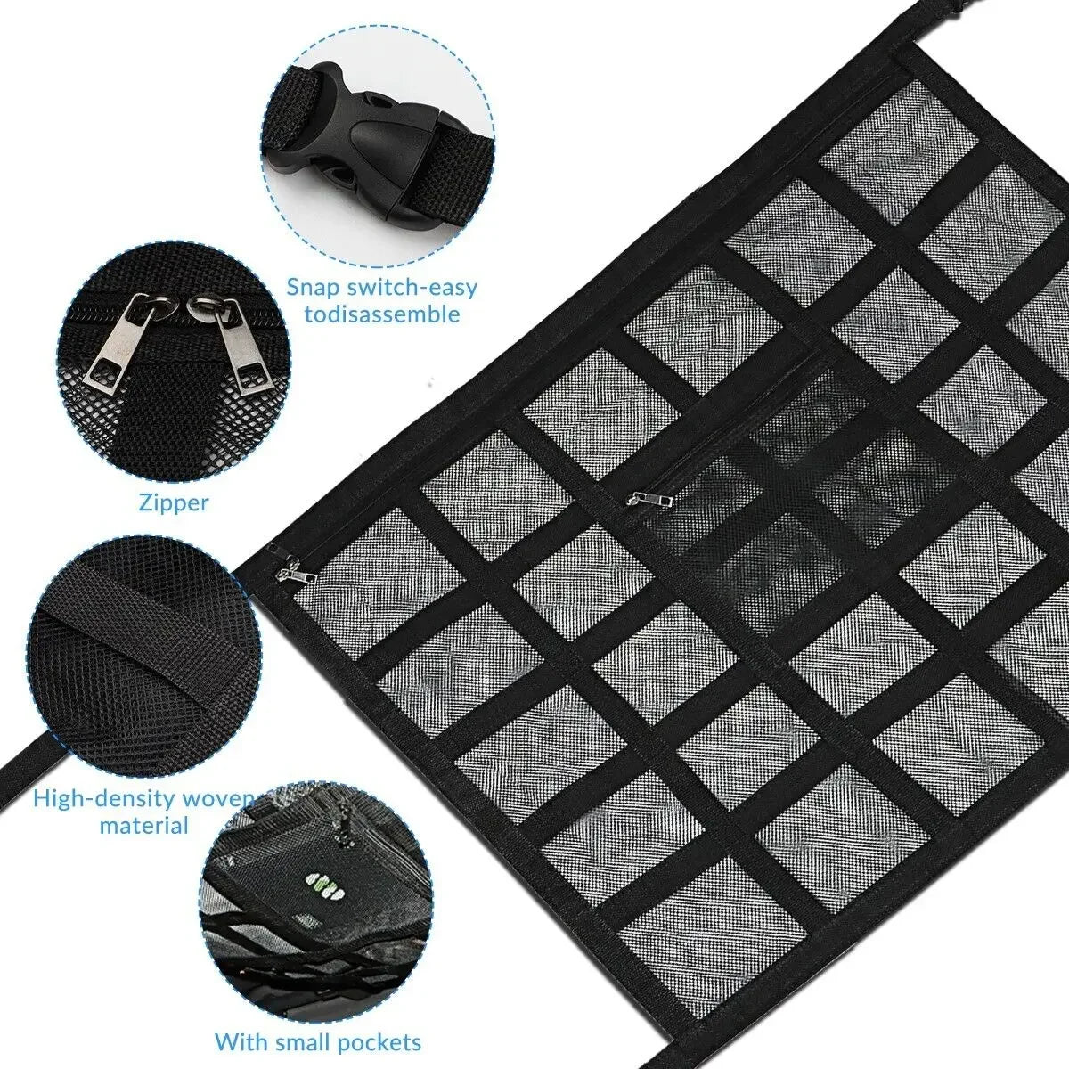 Close-up detail of car roof cargo net zipper, snap buckles, woven mesh and side pocket